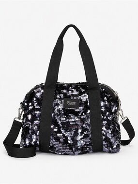 PINK Victoria’s Secret Black Silver Sequin Weekender Duffel Bag Travel Gym Tote